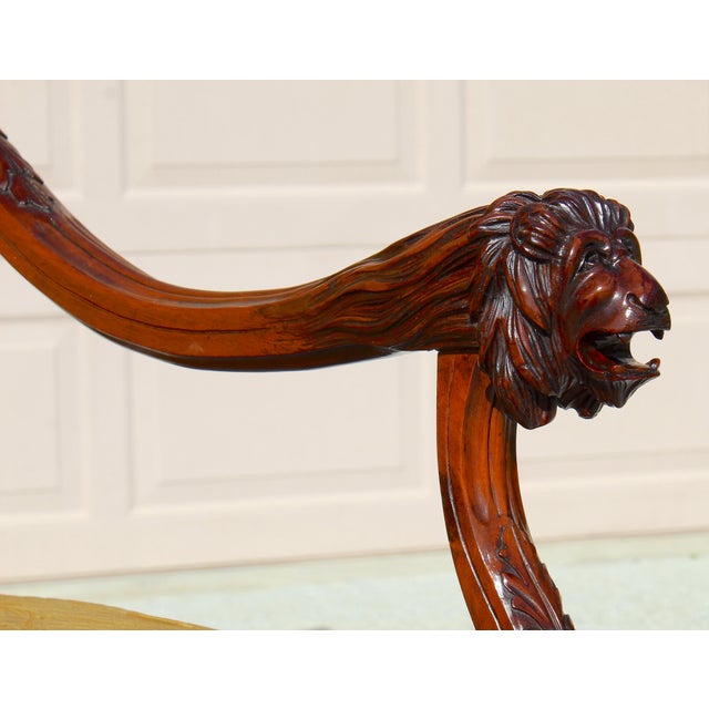 Antique French Louis XIV Style Armchair & Ottoman Set - Mid 19th Century Carved Lion Head Throne Chair With Original Yellow Upholstery For Sale - Image 12 of 18