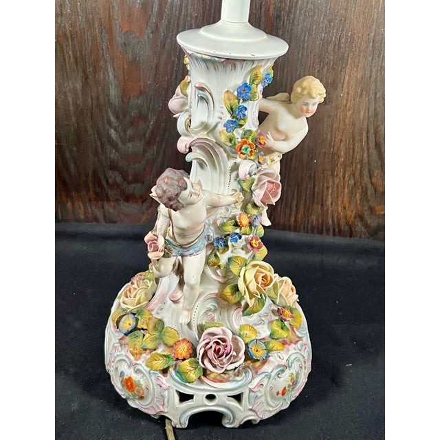 Mid 20th Century Vintage Rococo Style Porcelain Lamp With Two Cherubs For Sale - Image 5 of 14