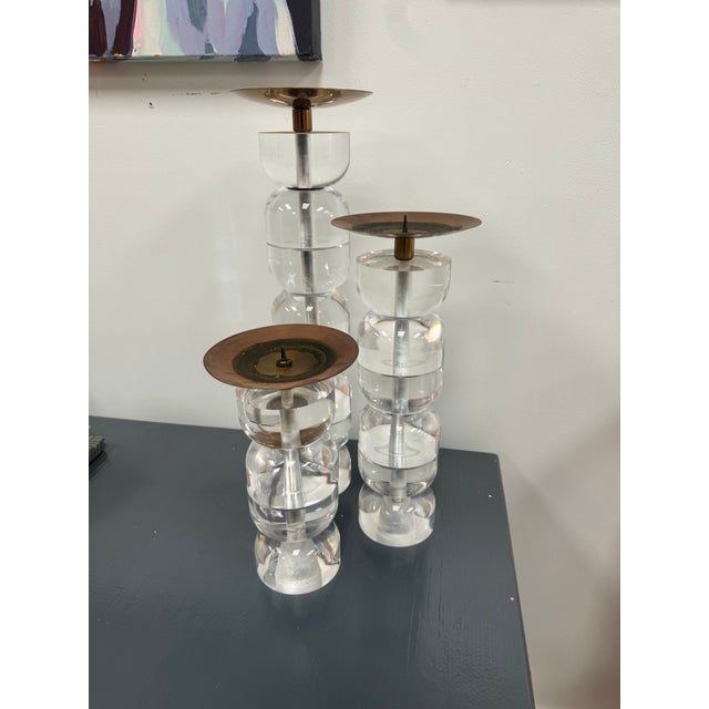 Plastic Vintage Lucite and Brass Candlestick Holders, Set of 3 Graduating Sizes For Sale - Image 7 of 10