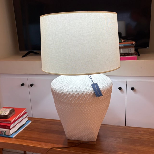 Traditional Large Neutral Ralph Lauren Woven Ceramic Table Lamp With Linen Drum Shade For Sale - Image 3 of 16