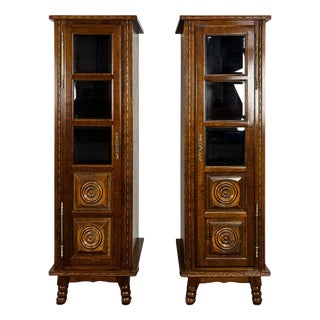 Narrow Art Deco Oak Display Cabinets with Diamond-Point Inlay, 1930s, Set of 2 For Sale