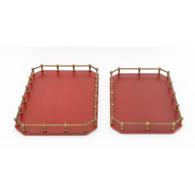 Wood Modern Brass Galleried Wood Serving Trays, 2 For Sale - Image 7 of 8