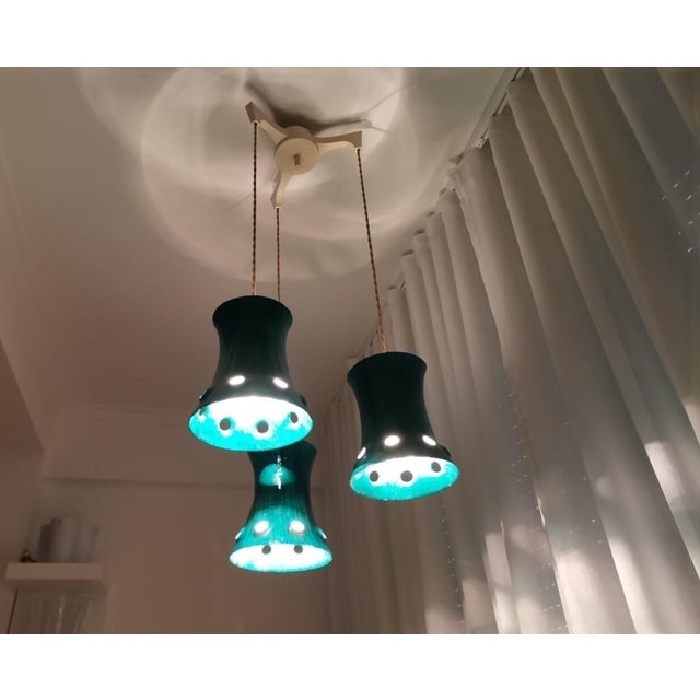 Plastic Mid-Century Green Cast Iron 3 Light Cascading Chandelier Hanging Lamp, 1960s For Sale - Image 7 of 11