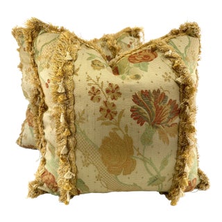 Vintage Floral Tapestry Pillows With Distressed Gold Fringe Trim, a Pair For Sale