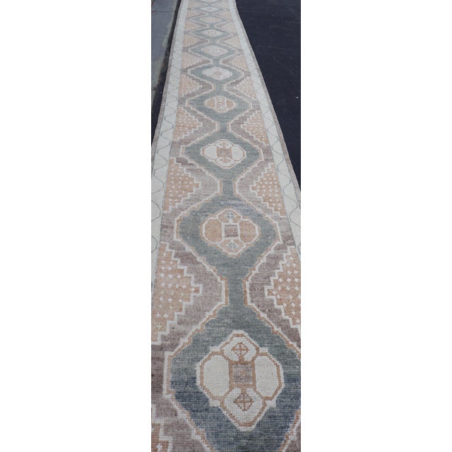 Long Turkish Oushak Runner With Soft Green Field and Beige Medallions For Sale - Image 9 of 16