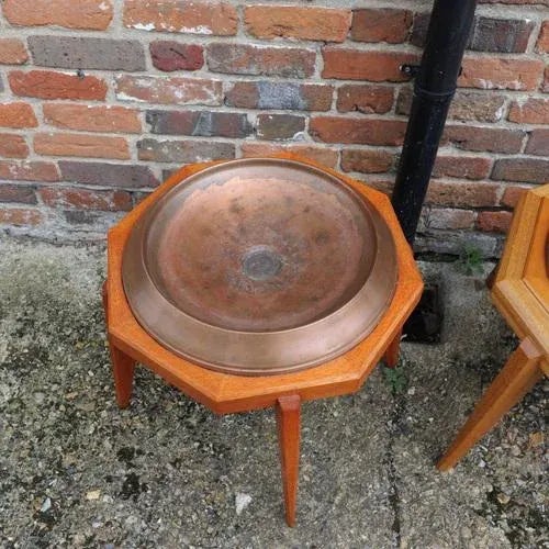 Wood Octagonal Wooden Tables with Spun Copper Concave Tops, 1980s, Set of 2 For Sale - Image 7 of 9