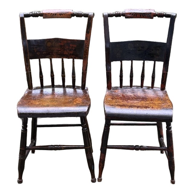 Mid 19th Century Paint Decorated Spindle Back Chairs - A Pair For Sale