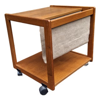 Mid 20th Century Danish Modern Magazine Rack Rolling Tiered Side Table For Sale