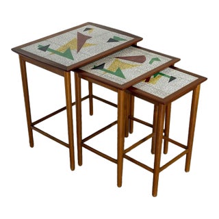 Teak Abstract Mosaic Tile Top Nesting Tables Set of 3 Mid-Century Modern 1960s For Sale