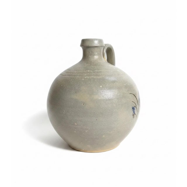 ML Owens 1988 Signed Seagrove Nc Stoneware Jug With Blue Floral Decoration For Sale In Greensboro - Image 6 of 8