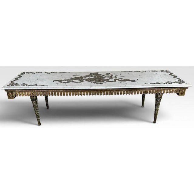 Hollywood Regency Vintage Italian Neoclassical Etched Marble and Gilt Brass Low Coffee Table For Sale - Image 3 of 17