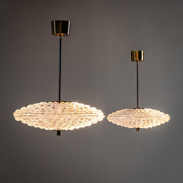 Mid-Century Modern 1960s Pendant Lights in Orrefors Crystal and Brass, Attributed to Carl Fagerlund for Lyfa - a Pair For Sale - Image 3 of 8