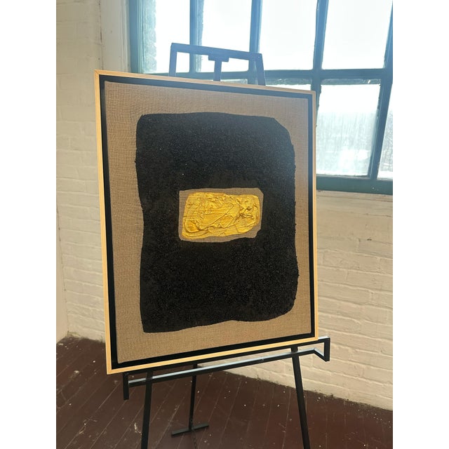 Vintage Gold and Noir Textural Masterpiece Painting Larger Size 20wx16h x3, Spanish Linen Natural Floating Frame Immerse...