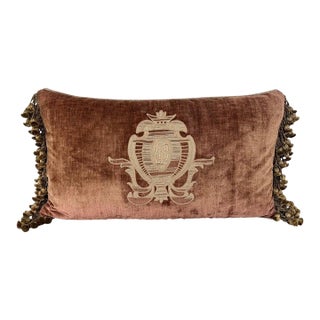French Neoclassical-Style Embroidered Monogram Velvet Lumbar Pillow For Sale