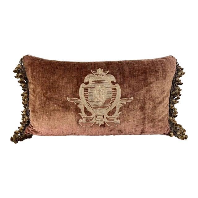 French Neoclassical-Style Embroidered Monogram Velvet Lumbar Pillow For Sale