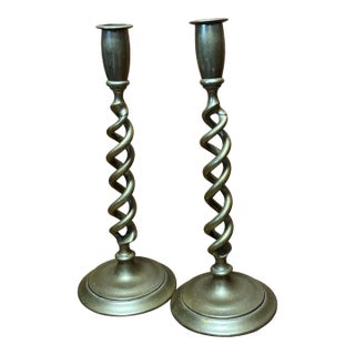 Antique English Brass Open Barley Twist Candlesticks For Sale