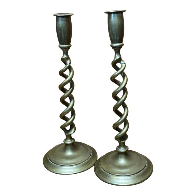 Antique English Brass Open Barley Twist Candlesticks For Sale