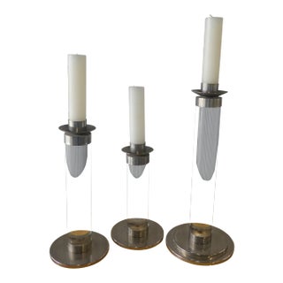 1970's Mid-Century Modern Fat Graduated Lucite and Chrome Candlesticks - Set of 3 For Sale