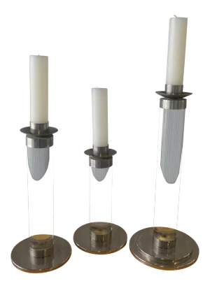 1970's Mid-Century Modern Fat Graduated Lucite and Chrome Candlesticks - Set of 3