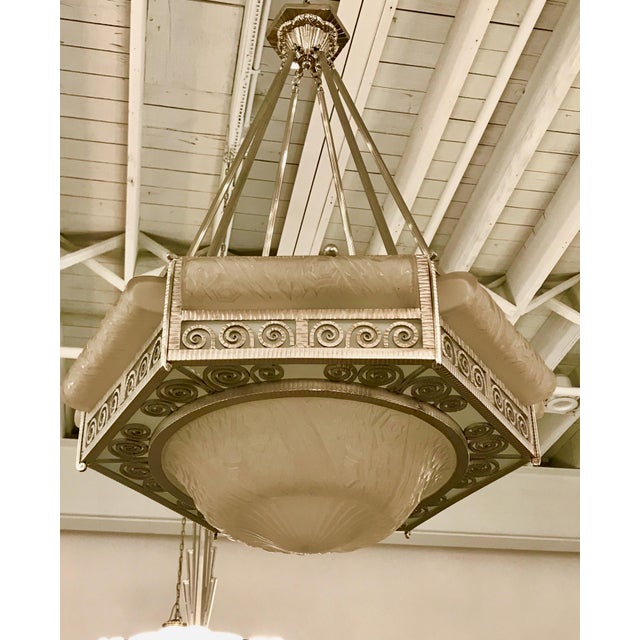 Metal French Art Deco Hexagonal Chandelier by Schneider For Sale - Image 7 of 13