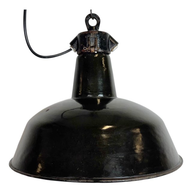 Industrial Black Enamel Factory Lamp with Cast Iron Top from Elektrosvit, 1950s For Sale