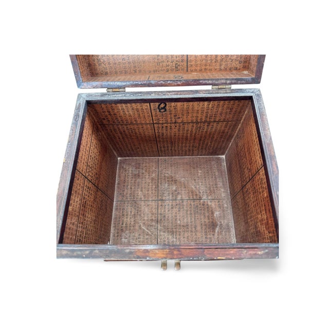 Vintage Chinese Lacquer Chest Trunk With Painted Lotus & Bird Motif, Calligraphy Interior For Sale - Image 9 of 13