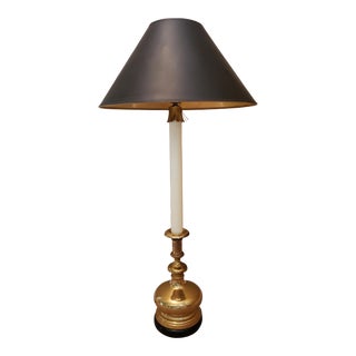 Mid Century Frederick Cooper Tall Turned Brass Table Lamp With Black Shade, Unmarked For Sale