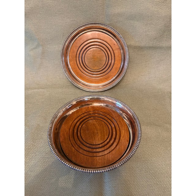 Vintage English Silver Plate & Mahogany Wine Bottle Coasters For Sale - Image 4 of 7
