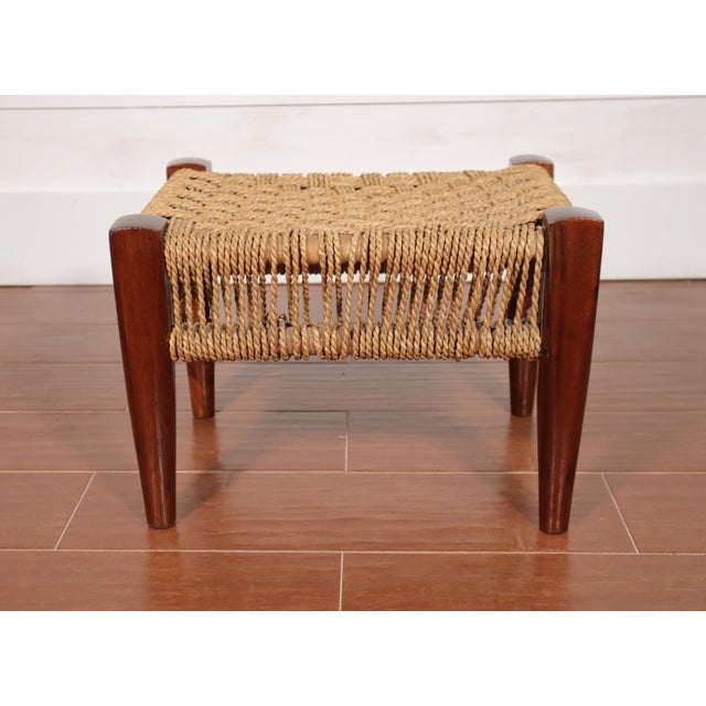 Mid-Century Modern Vintage Danish Style Woven Wood Peg Foot Stool 50's 60's Retro Mid Century Modern Eclectic Boho Bamboo Basket Weave Paper Cord For Sale - Image 3 of 7