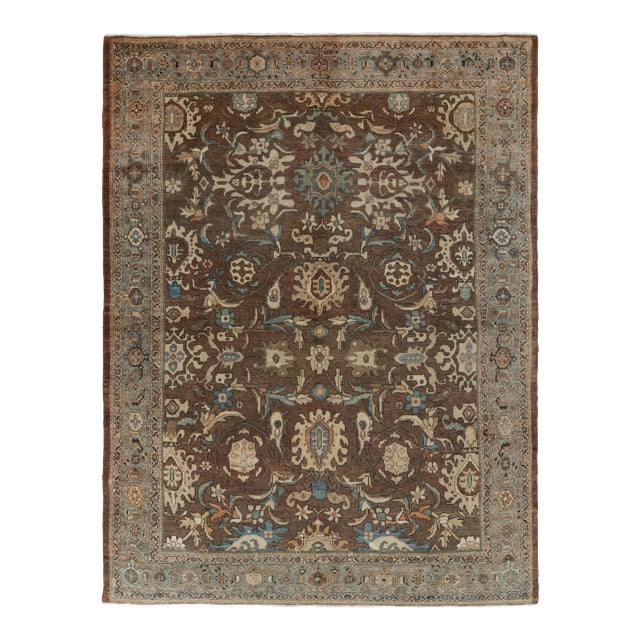 Antique Mahal Persian Rug in Brown, With Beige and Blue Florals From Rug & Kilim For Sale