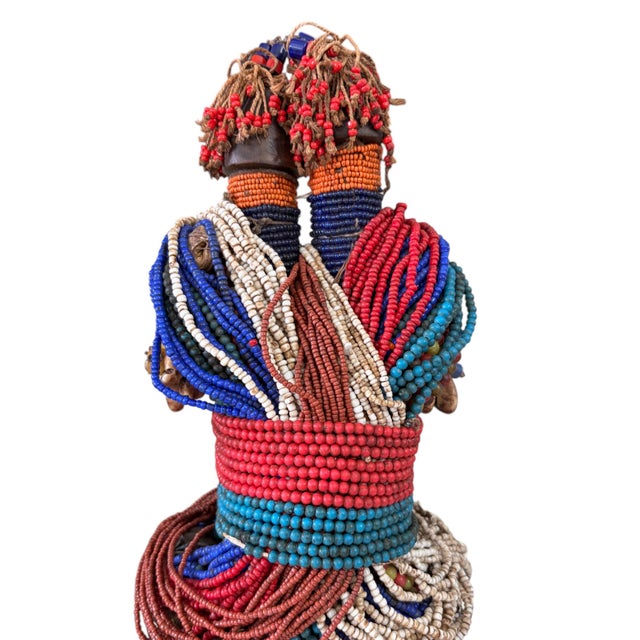 1980s Vintage African Beaded Namji Twin Fertility Dolls Cameroon W/Wood Stand 11" H For Sale - Image 5 of 9