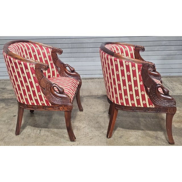 Early 20th Century Pair of English Regency Mahogany Bergeres With Swan Head Carving Red Silk Fabric For Sale In Cleveland - Image 6 of 12