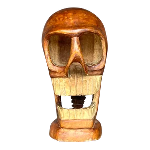 Vintage Boho Carved Wooden Skull Sculpture