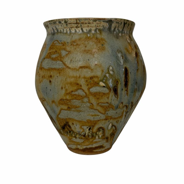 Vintage handmade art pottery bulb shaped jug, vase marked by artist. Measures 5.5” diameter x 7” h. Mouth opening 4.5”....