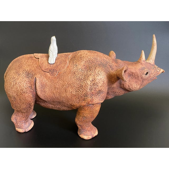 Studio Art Pottery Detailed Rhino Box With Bird on Back For Sale - Image 4 of 13