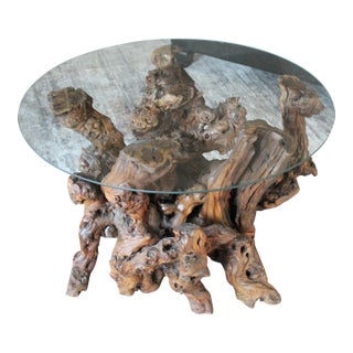 1960s Organic Modern Driftwood Side Table With Round Glass Top – Tropical Retro Accent For Sale