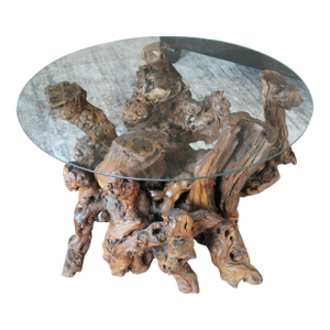 1960s Organic Modern Driftwood Side Table With Round Glass Top – Tropical Retro Accent