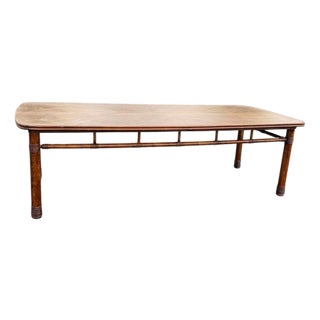 Vintage Faux Bamboo Fruitwood Cocktail Table With Geometric Veneer Top For Sale