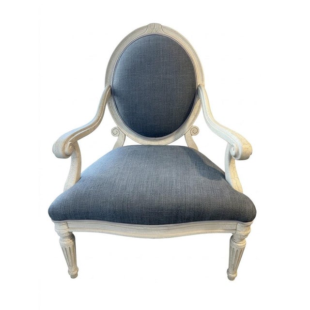 Oversized French Louis XVI Style Distressed Off-White & Slate Blue Upholstered Armchair For Sale - Image 4 of 12