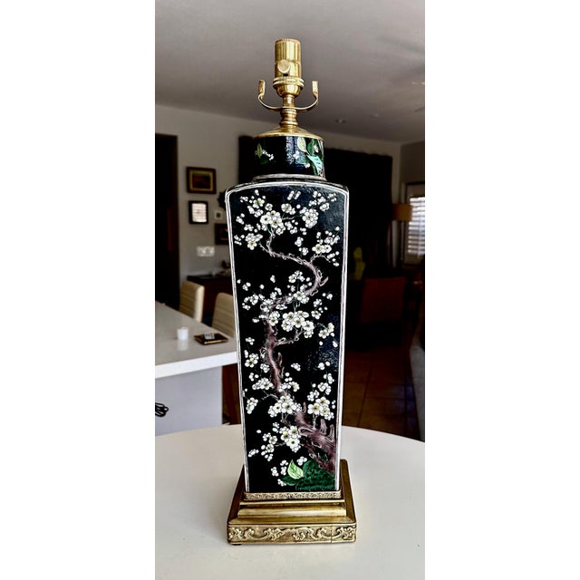 Antique Chinese Famille Noire Porcelain Square Vase Table Lamp For Sale - Image 12 of 15