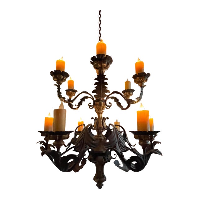 Mid 20th Century European-Style Iron Chandelier With Candle-Style Lights For Sale