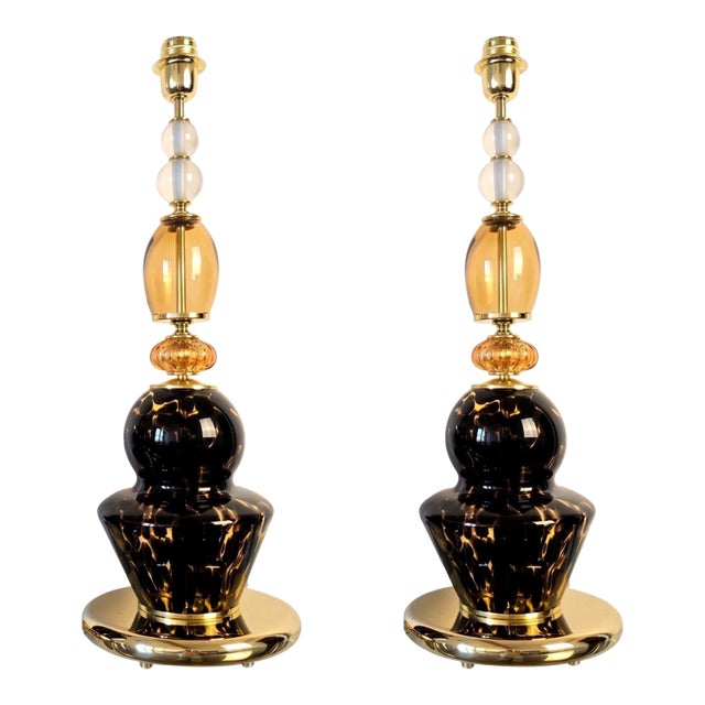 1990s Mid Century Modern Leopard Murano Glass Table Lamps - a Pair For Sale