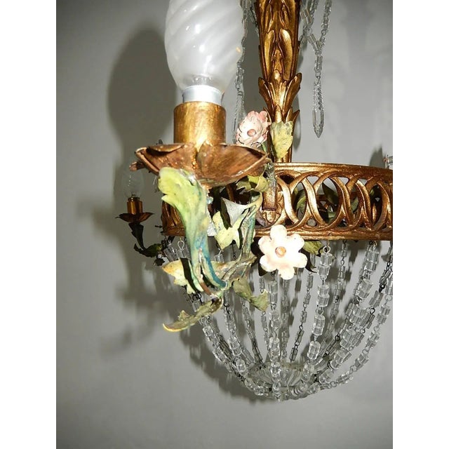 French Giltwood Tole Flowers Crystal Prisms Chandelier For Sale - Image 6 of 10