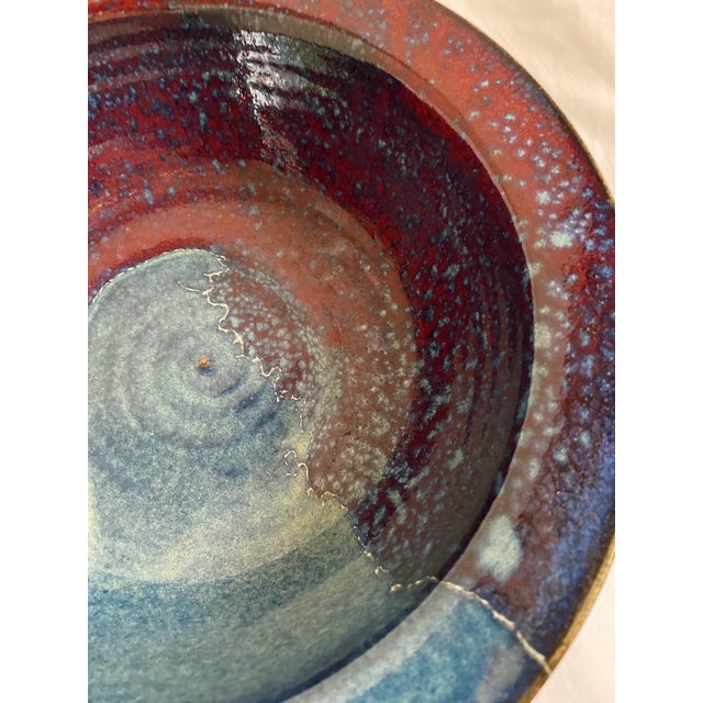 Transitional Stoneware Bowl in Reds and Blue by Nationally Recognized North Carolina Potter Bill Stewart For Sale - Image 3 of 8