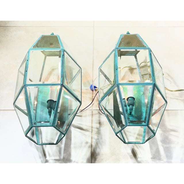 Modern Exquisite Pair of Vintage Solid Brass Hexagonal Wall Lanterns For Sale - Image 3 of 17