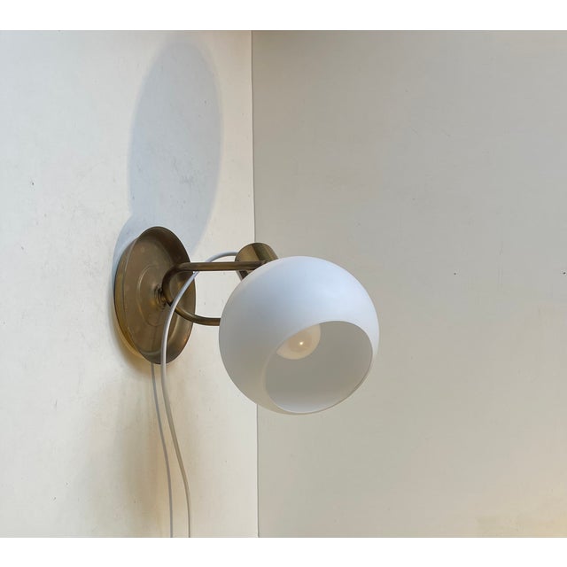 Vintage Scandinavian Brass Wall Lamp with Opaline Sphere, 1970s For Sale - Image 3 of 13
