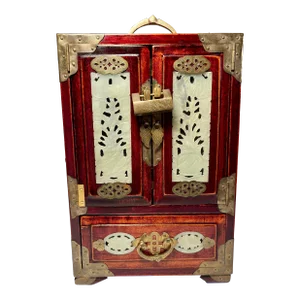 1950s Republic Period Chinese Carved Wood Jewelry Box With Jade Inlays & Brass Hardware