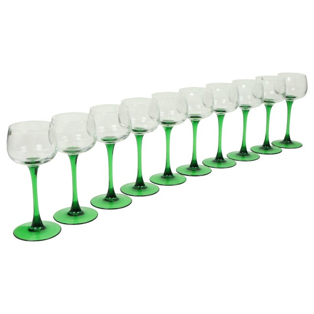 Glass Vintage Luminarc Alsace Wine Glasses with Green Base, 1970s, Set of 10 For Sale - Image 7 of 14
