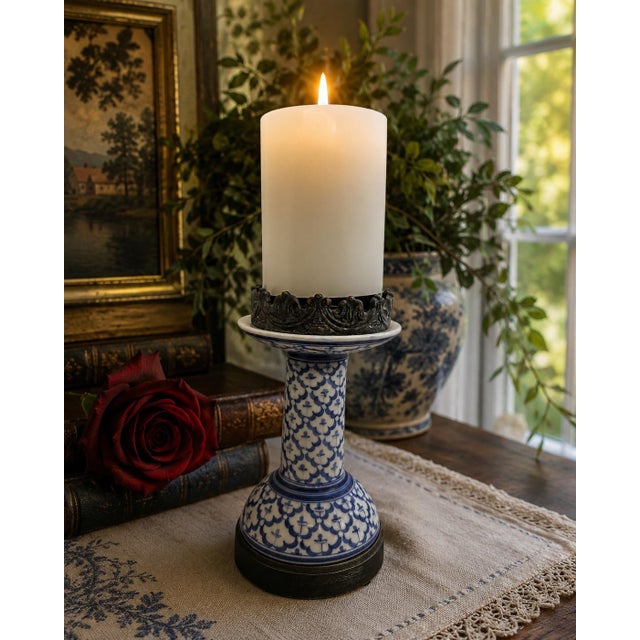 Vintage Thai Blue & White porcelain candlestick holders in an intricate Phum Kao Bin pattern. Phum Kao Bin is the design...