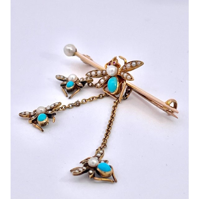 1910s Victorian Turquoise and Pearl Triple Fly Brooch 14k For Sale - Image 5 of 12